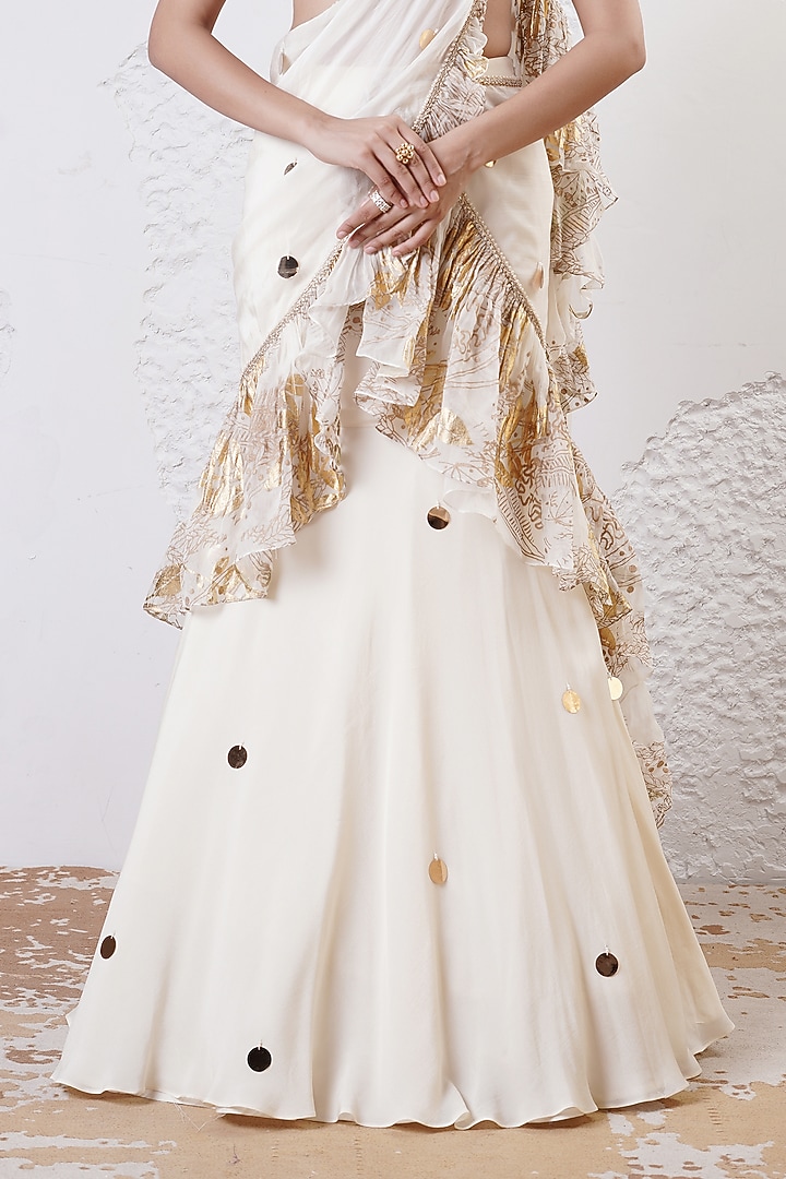Ivory & Gold Organza Draped Ruffled Party Wear Saree Set by Shwetanga at Pernia's Pop Up Shop