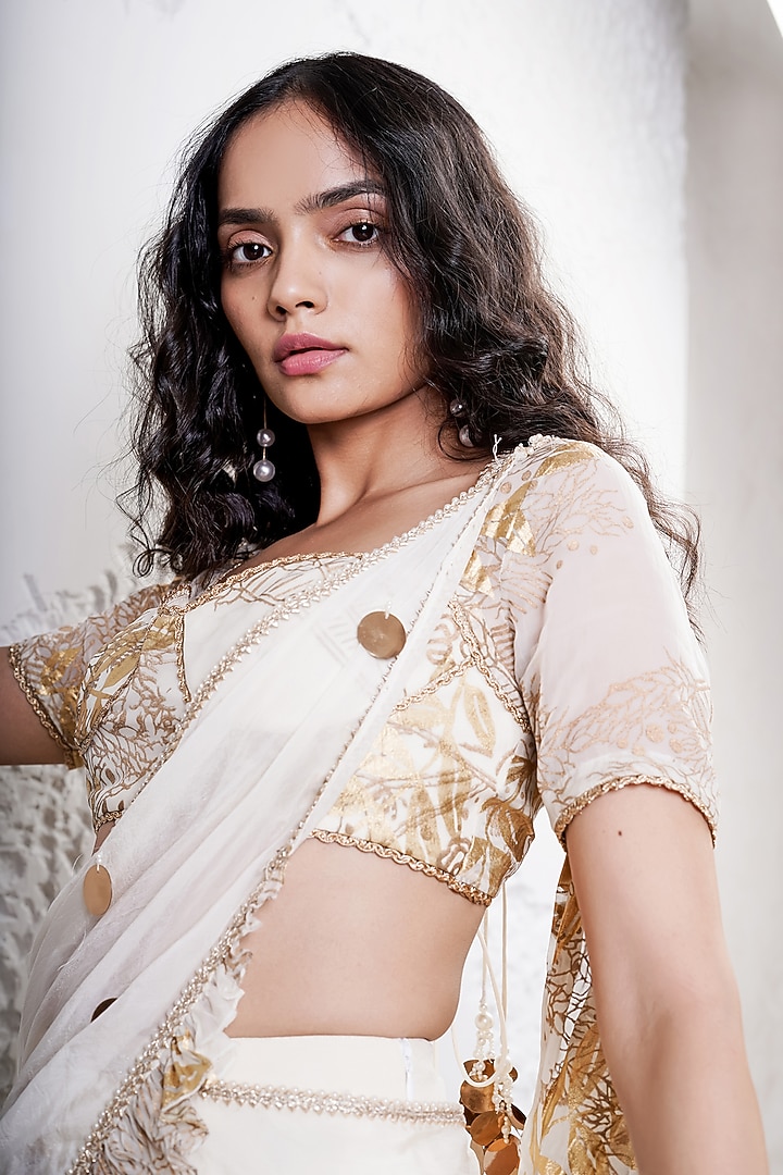 Ivory & Gold Organza Draped Ruffled Party Wear Saree Set by Shwetanga at Pernia's Pop Up Shop
