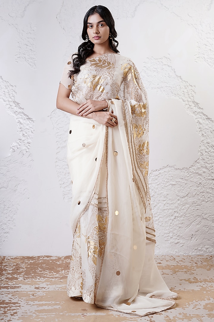 Ivory & Gold Organza Foil Printed Saree Set by Shwetanga at Pernia's Pop Up Shop