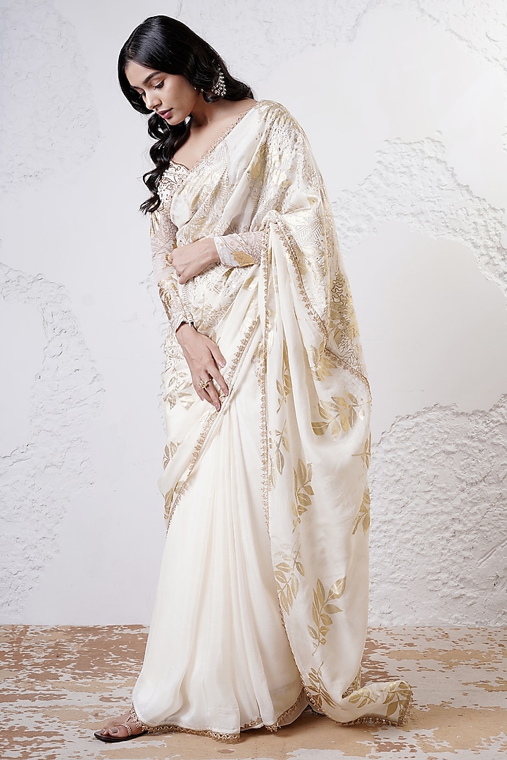 Ivory & Gold Organza Foil Printed Saree Set by Shwetanga at Pernia's Pop Up Shop