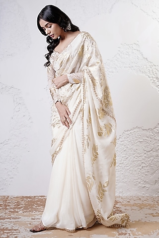Ivory & Gold Organza Foil Printed Saree Set by Shwetanga