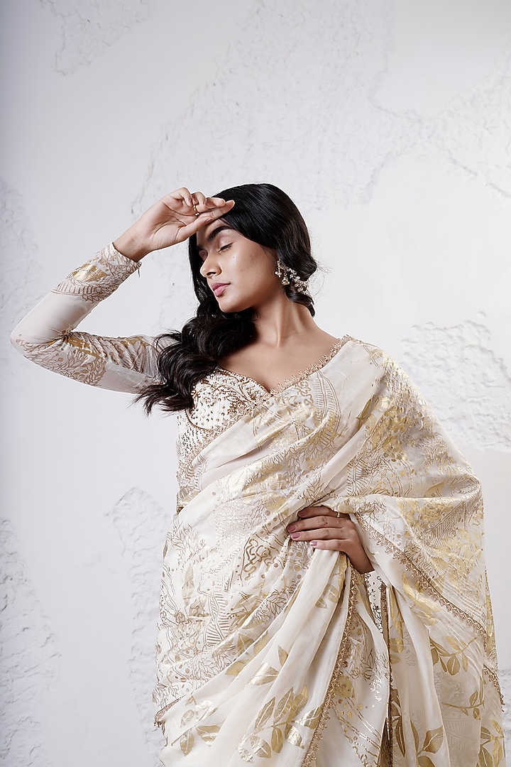 Ivory & Gold Organza Foil Printed Party Wear Saree Set by Shwetanga at Pernia's Pop Up Shop