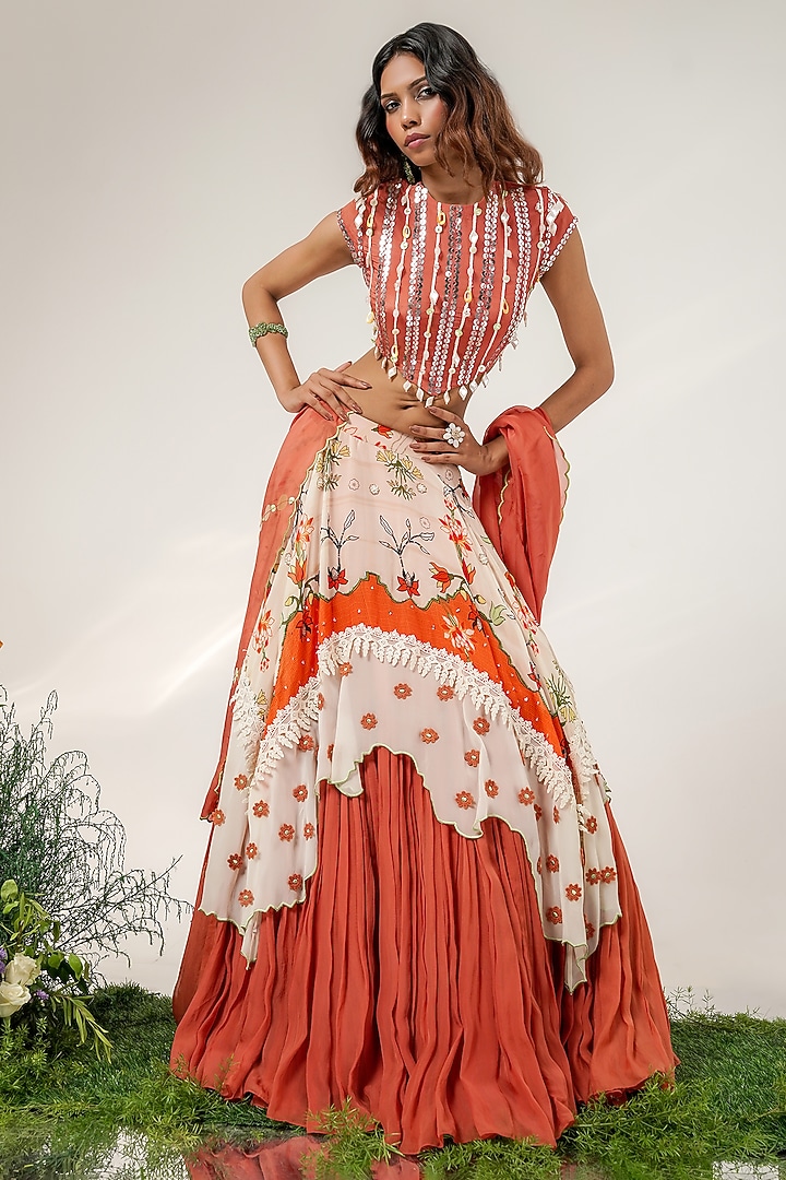 Rust & Ivory Organza Printed Wedding Lehenga Set by Shwetanga at Pernia's Pop Up Shop