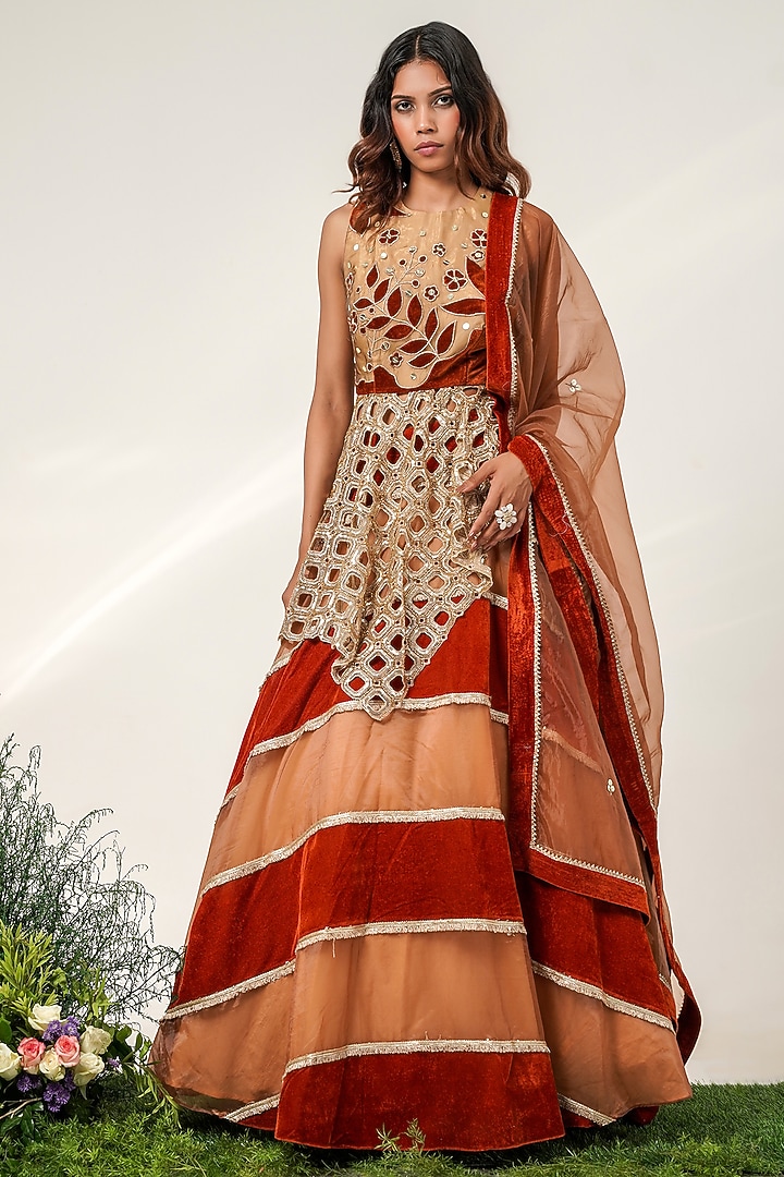Gold & Rust Organza Striped Wedding Lehenga Set by Shwetanga at Pernia's Pop Up Shop