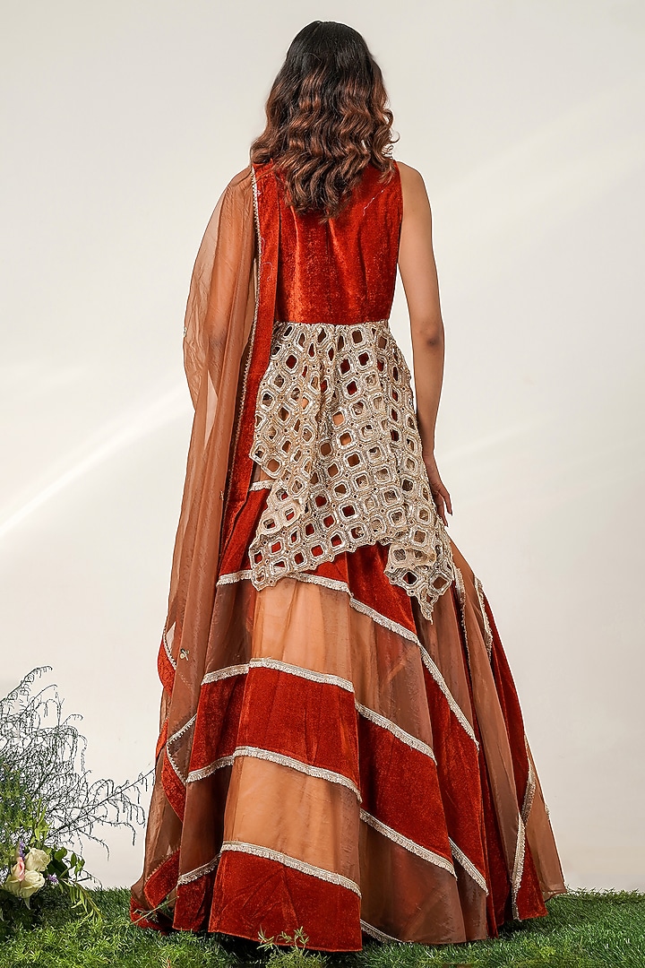 Gold & Rust Organza Striped Wedding Lehenga Set by Shwetanga at Pernia's Pop Up Shop