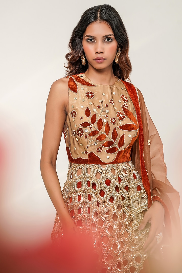 Gold & Rust Organza Striped Wedding Lehenga Set by Shwetanga at Pernia's Pop Up Shop