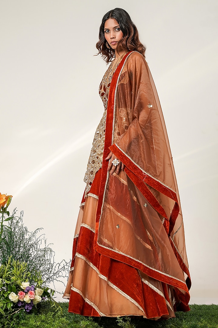 Gold & Rust Organza Striped Wedding Lehenga Set by Shwetanga at Pernia's Pop Up Shop