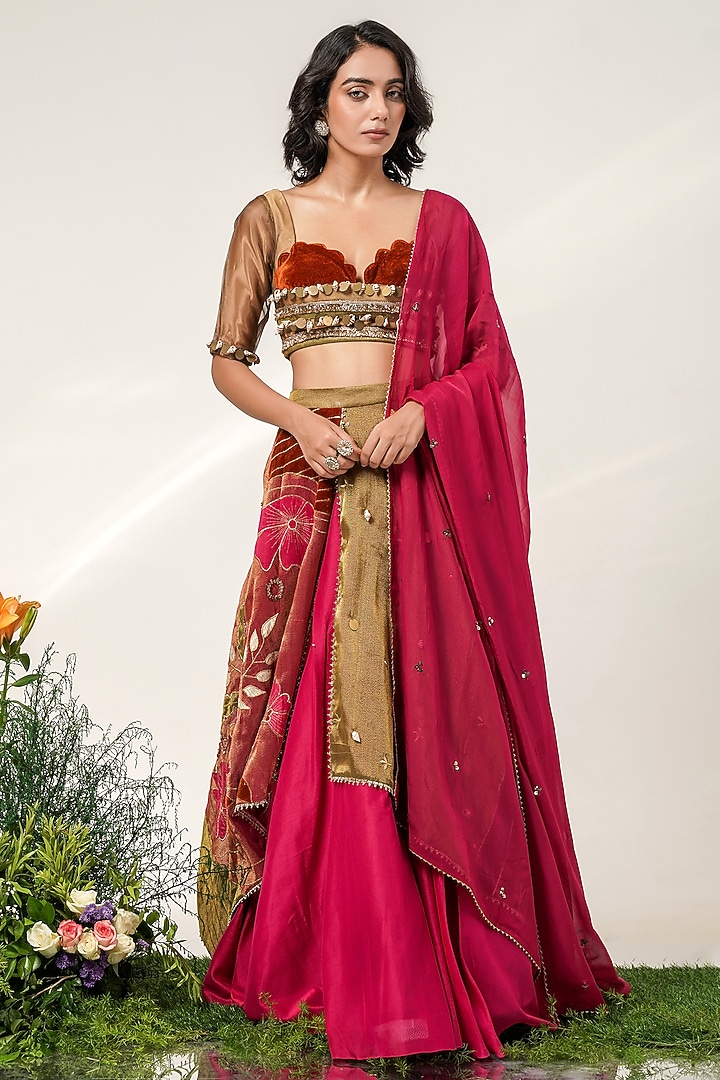 Old Rose Pink Chanderi & Glass Tissue Patchwork Wedding Lehenga Set by Shwetanga at Pernia's Pop Up Shop