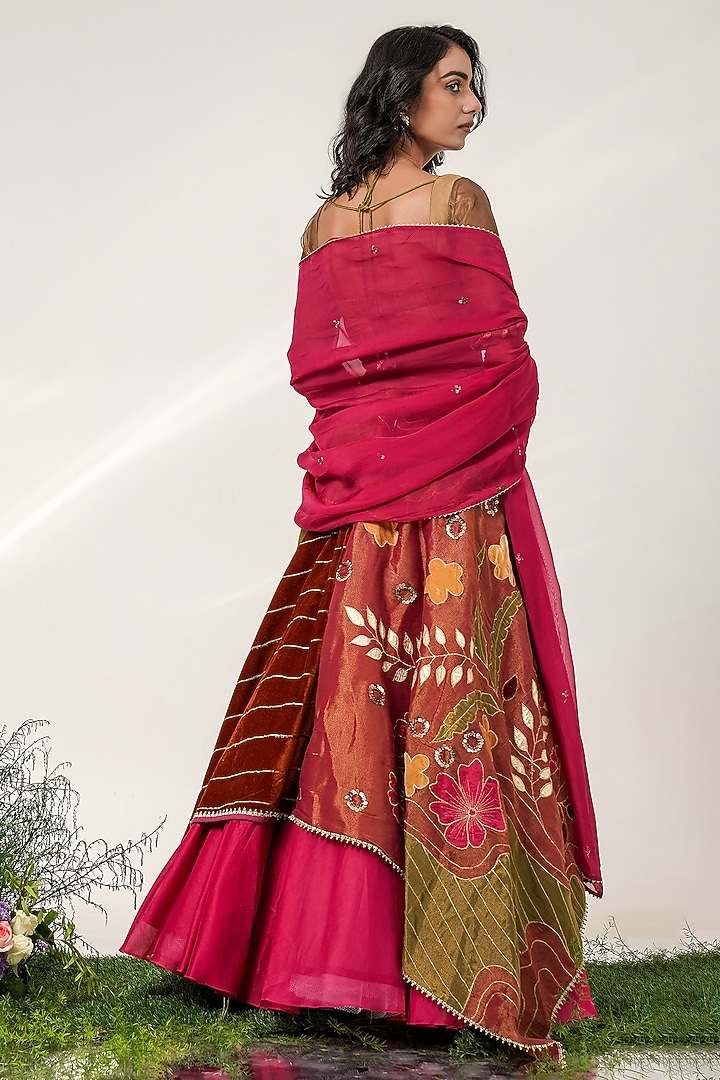 Old Rose Pink Chanderi & Glass Tissue Patchwork Wedding Lehenga Set by Shwetanga at Pernia's Pop Up Shop