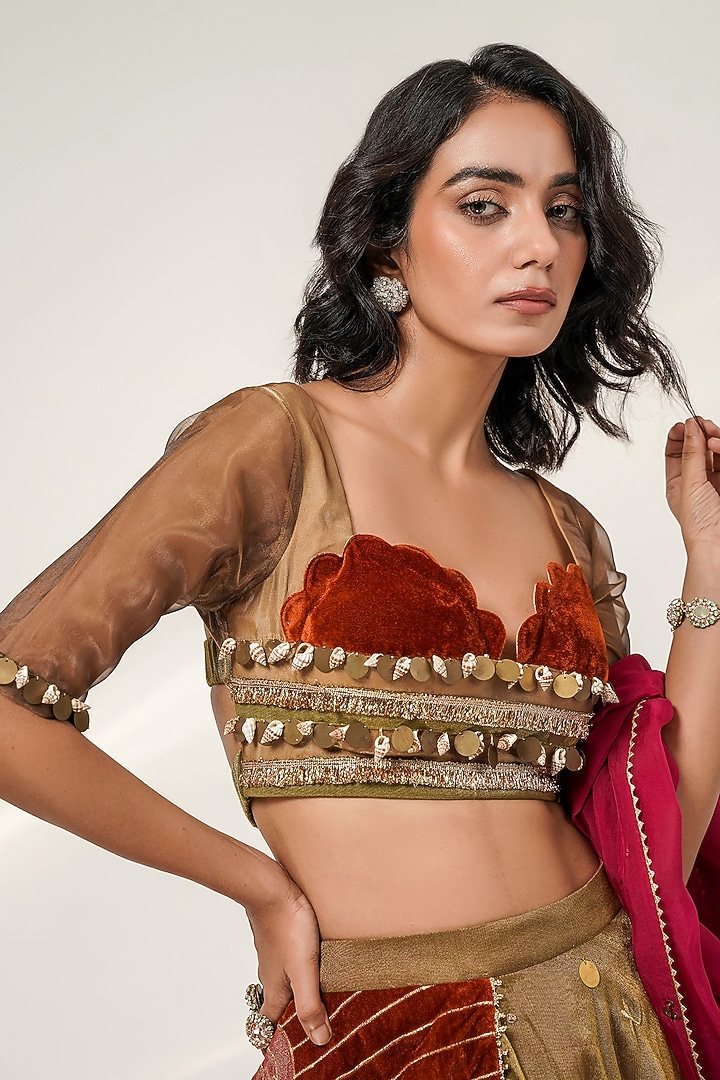 Old Rose Pink Chanderi & Glass Tissue Patchwork Wedding Lehenga Set by Shwetanga at Pernia's Pop Up Shop