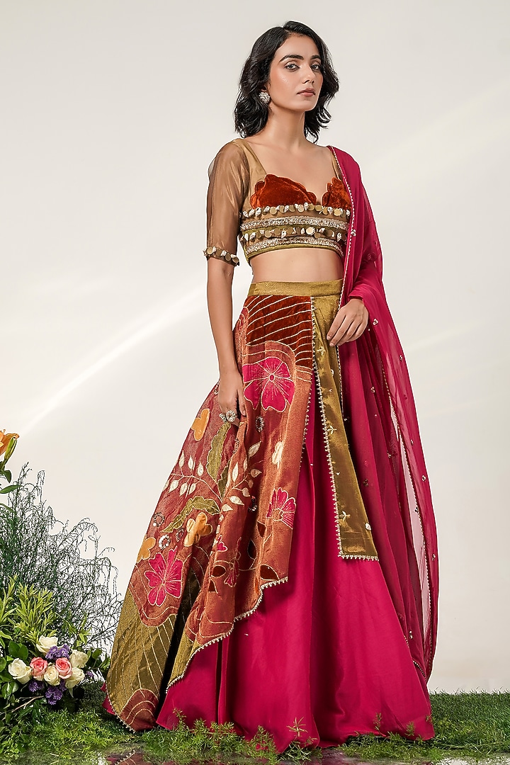 Old Rose Pink Chanderi & Glass Tissue Patchwork Wedding Lehenga Set by Shwetanga at Pernia's Pop Up Shop
