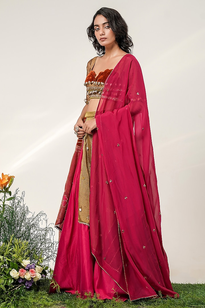 Old Rose Pink Chanderi & Glass Tissue Patchwork Wedding Lehenga Set by Shwetanga at Pernia's Pop Up Shop