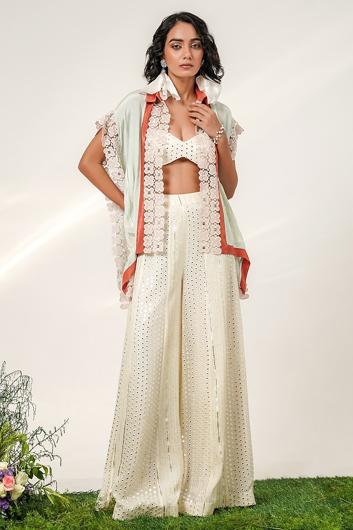 Cruise Blue & Ivory Organza Jacket Set by Shwetanga at Pernia's Pop Up Shop
