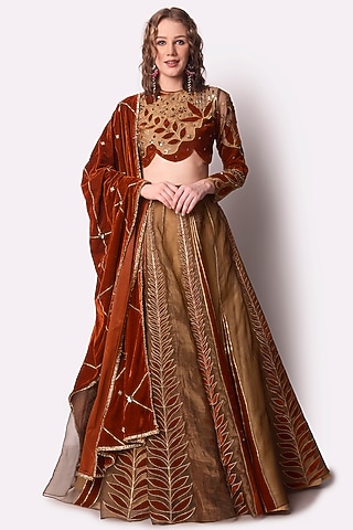 Rust Gold Patch Work Lehenga Set by Shwetanga