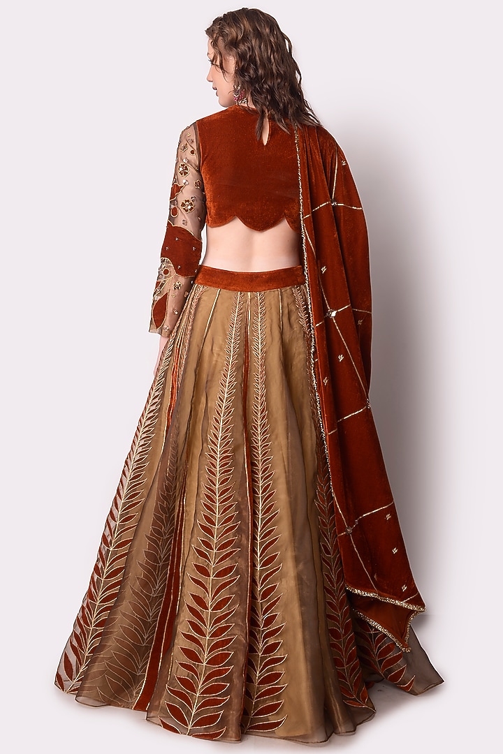 Rust Gold Patch Work Wedding Lehenga Set by Shwetanga at Pernia's Pop Up Shop