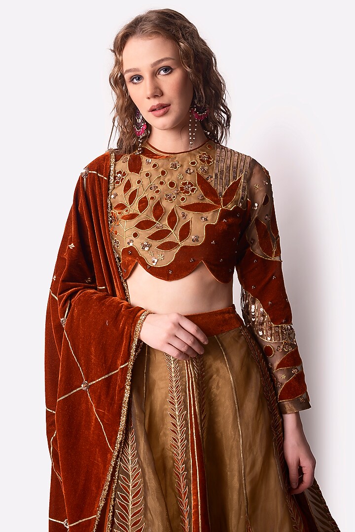 Rust Gold Patch Work Wedding Lehenga Set by Shwetanga at Pernia's Pop Up Shop