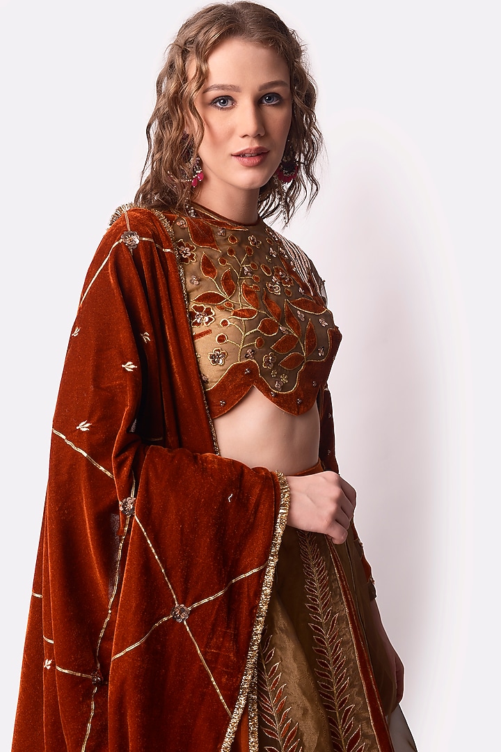 Rust Gold Patch Work Wedding Lehenga Set by Shwetanga at Pernia's Pop Up Shop