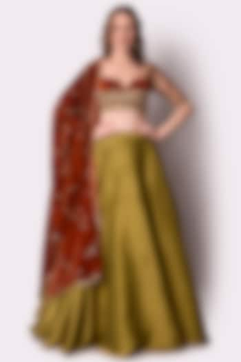 Rust Olive Tissue Lehenga Set by Shwetanga