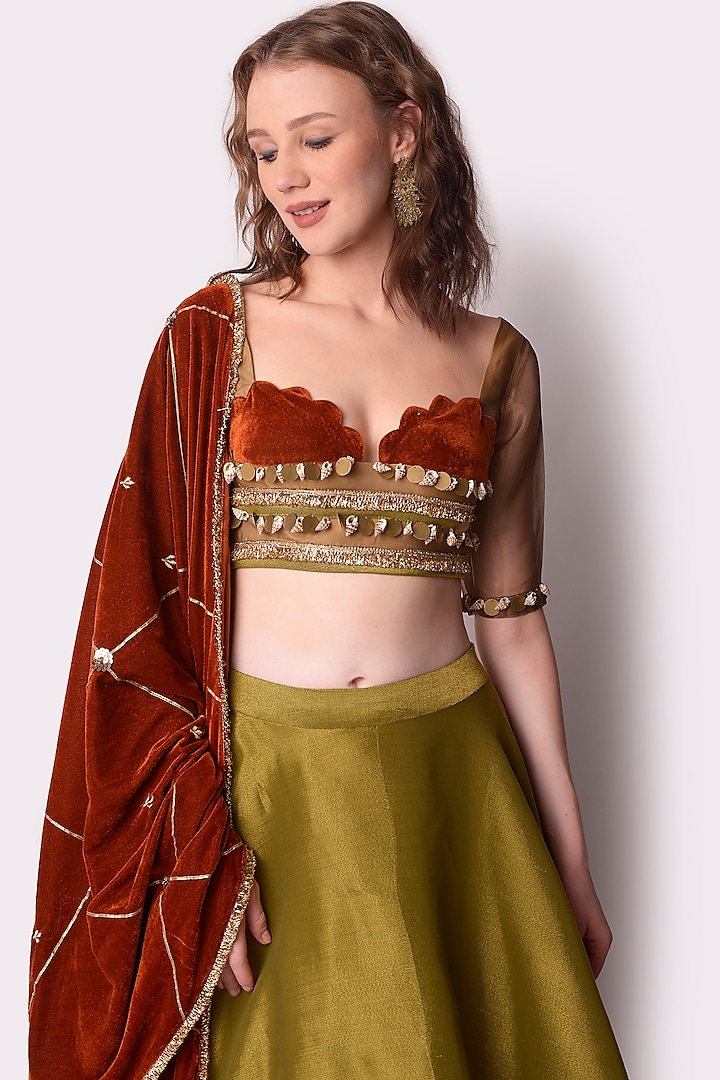 Rust Olive Tissue Wedding Lehenga Set by Shwetanga at Pernia's Pop Up Shop