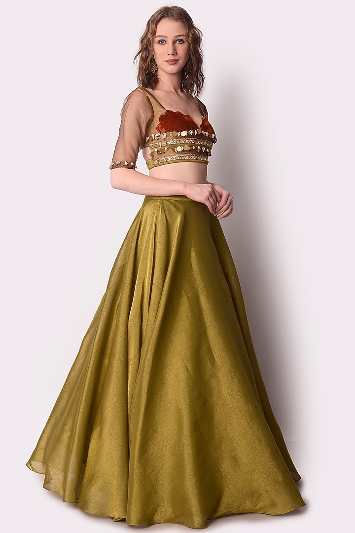 Rust Olive Tissue Wedding Lehenga Set by Shwetanga at Pernia's Pop Up Shop