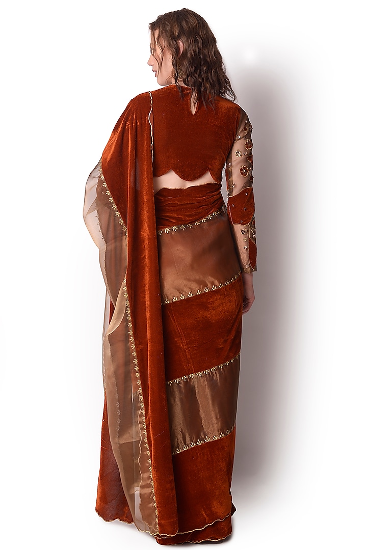 Rust Gold Patch Work Party Wear Saree Set by Shwetanga at Pernia's Pop Up Shop