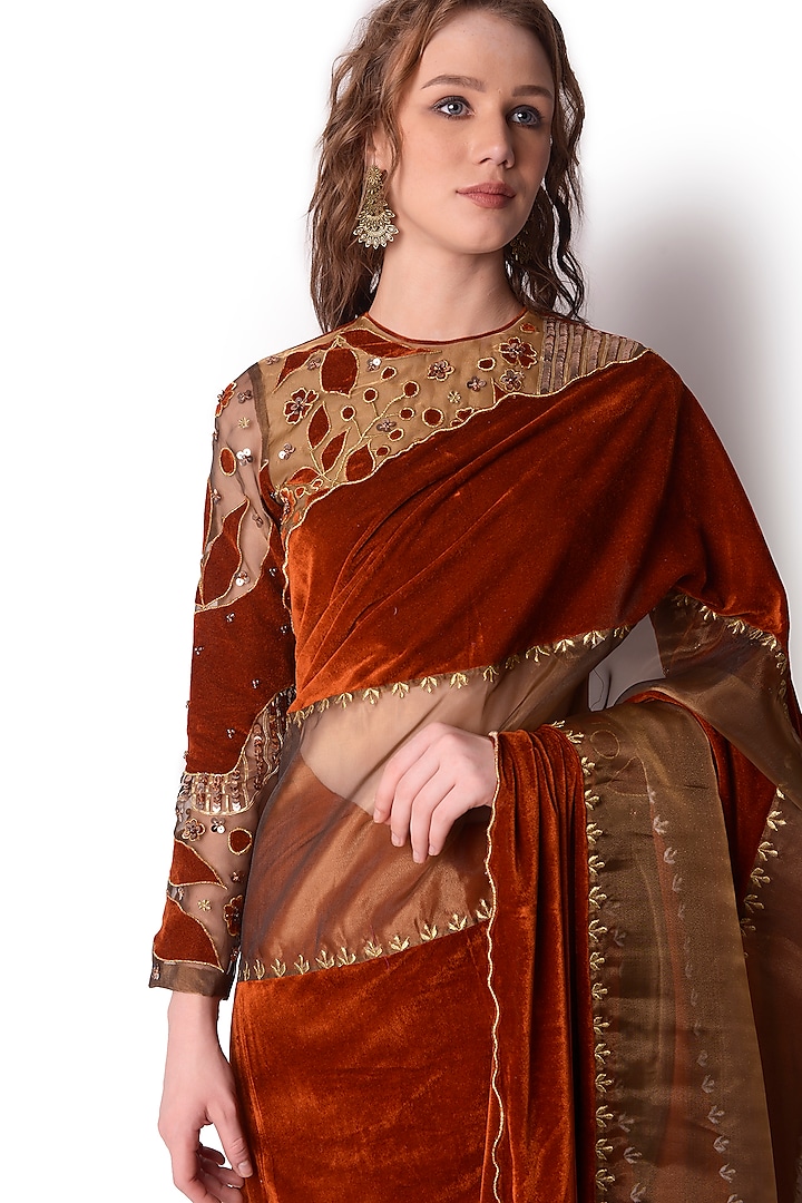 Rust Gold Patch Work Party Wear Saree Set by Shwetanga at Pernia's Pop Up Shop