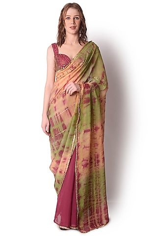 Multi-Colored Tie-Dyed Saree Set by Shwetanga