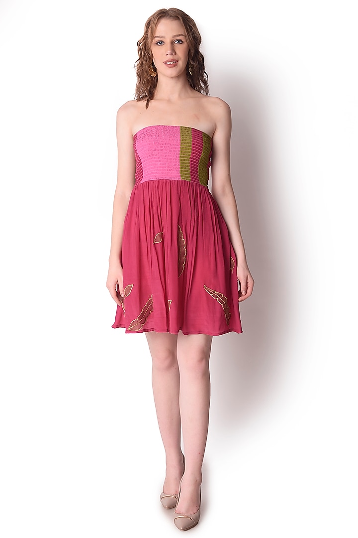 Magenta Patch Work Smocked Tube Dress by Shwetanga