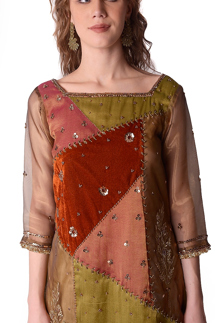 Rust & Olive Tissue Party Wear Sharara Set by Shwetanga at Pernia's Pop Up Shop