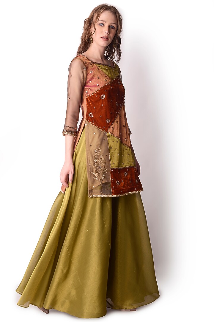 Rust & Olive Tissue Party Wear Sharara Set by Shwetanga at Pernia's Pop Up Shop