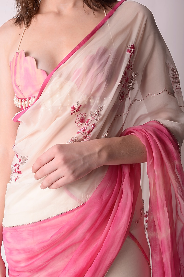 Rose Pink & Ivory Embroidered & Printed Party Wear Saree Set by Shwetanga at Pernia's Pop Up Shop