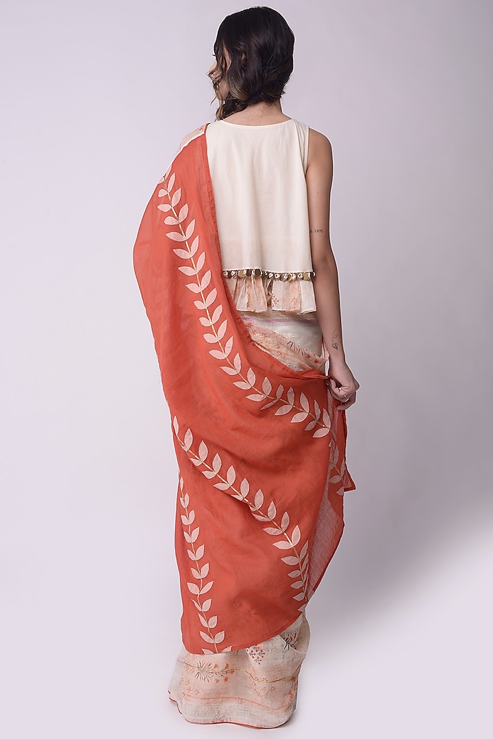 Ivory & Rust Brown Embroidered Festive Saree Set by Shwetanga at Pernia's Pop Up Shop