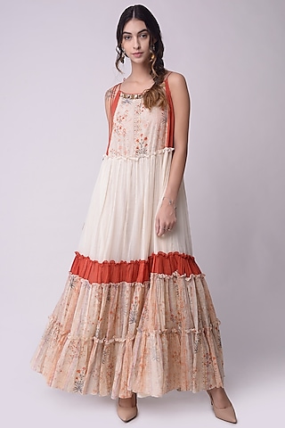 Ivory & Rust Brown Printed Tiered Dress by Shwetanga
