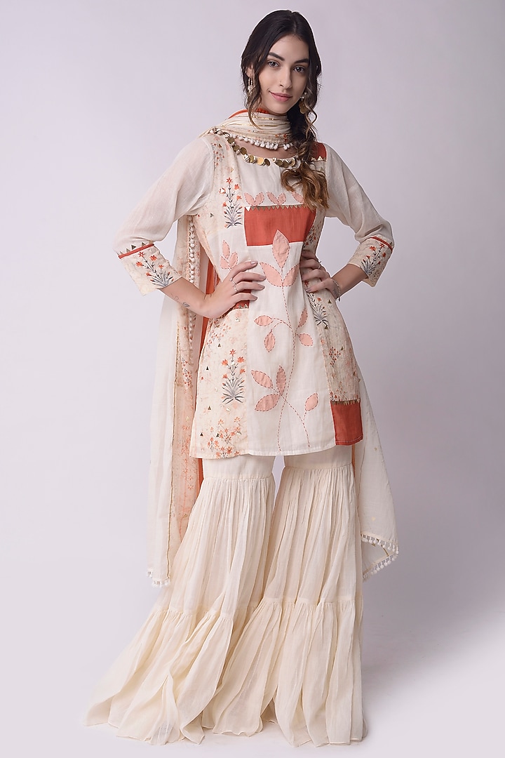 Ivory & Rust Brown Cotton Tiered Party Wear Sharara Set by Shwetanga at Pernia's Pop Up Shop