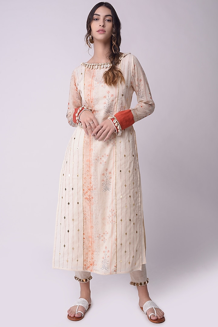 Ivory & Rust Brown Embroidered Panelled Straight Kurta Set by Shwetanga at Pernia's Pop Up Shop