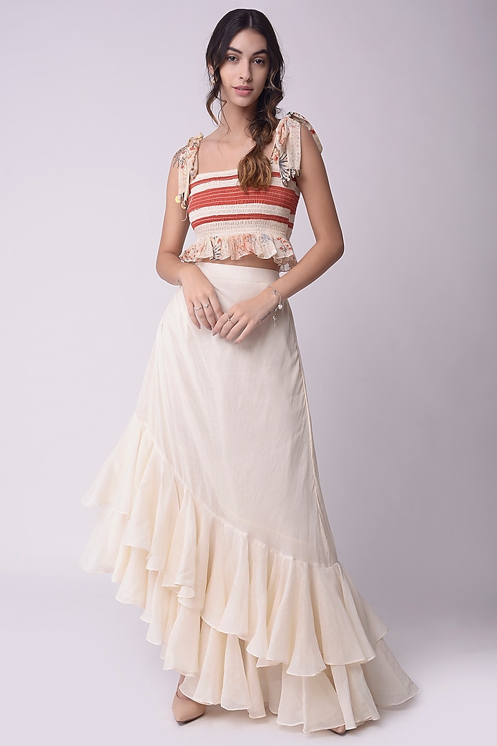 Ivory Cotton Asymmetrical Ruffled Skirt Set by Shwetanga