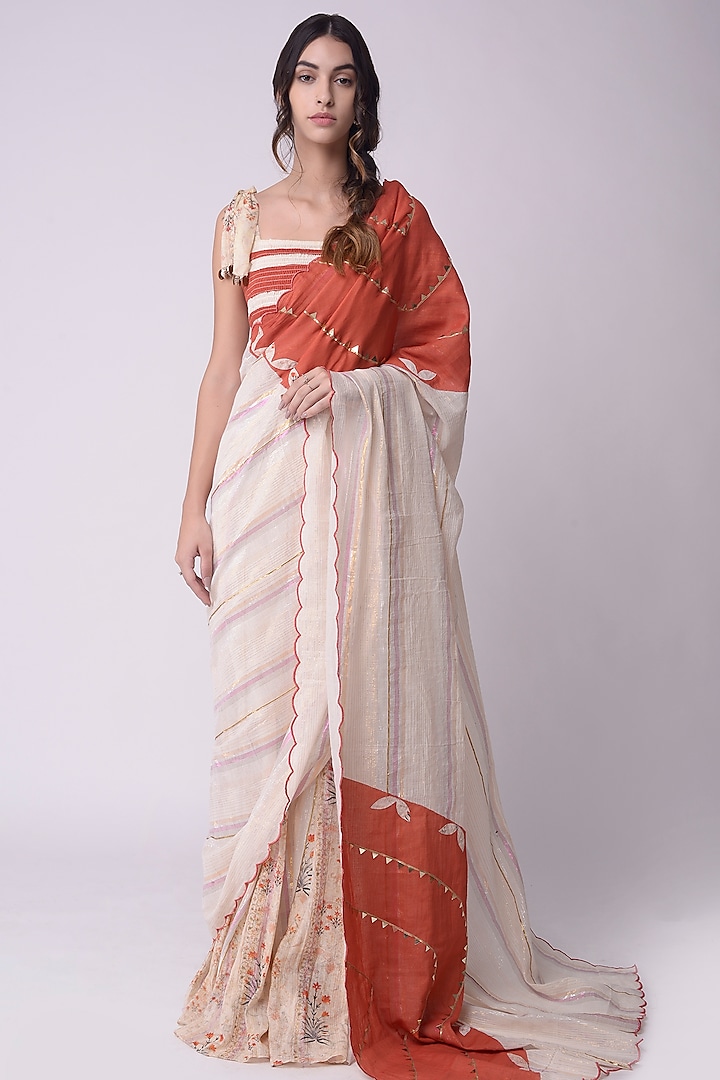 Ivory Printed & Embroidered Godet Party Wear Saree Set by Shwetanga at Pernia's Pop Up Shop
