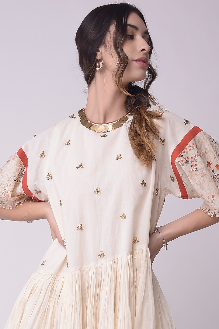 Ivory Printed Gathered Summer Dress by Shwetanga at Pernia's Pop Up Shop