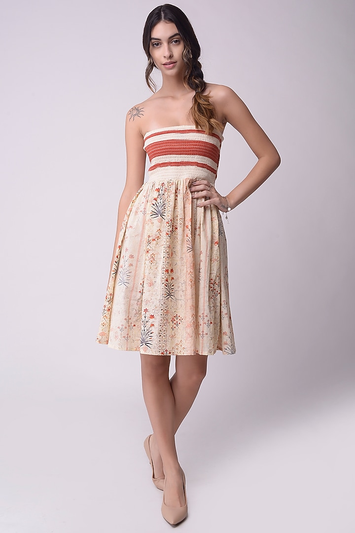 Ivory Printed Smocked Tube Summer Dress by Shwetanga at Pernia's Pop Up Shop
