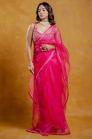 Bright Pink Silk Organza Saree Set by SWETA DESAI