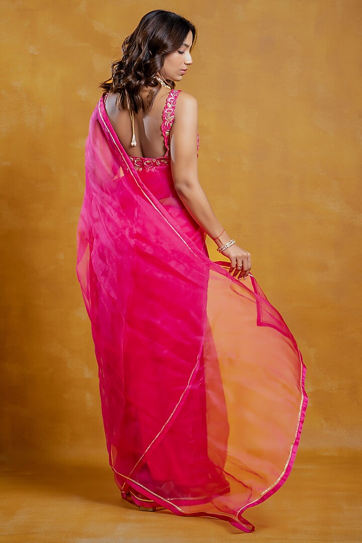 Bright Pink Silk Organza Party Wear Saree Set by SWETA DESAI at Pernia's Pop Up Shop
