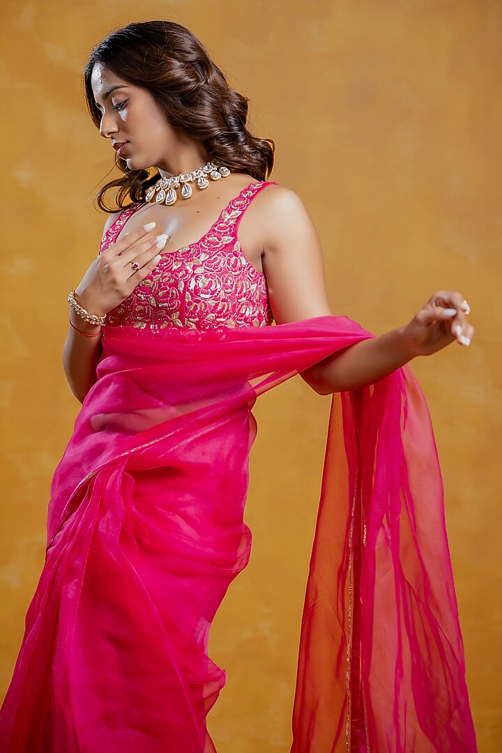 Bright Pink Silk Organza Party Wear Saree Set by SWETA DESAI at Pernia's Pop Up Shop