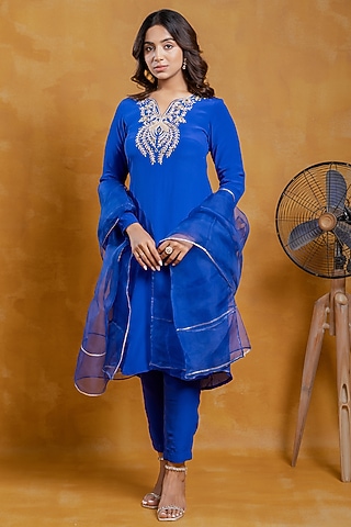 Cobalt Blue Crepe Mirror Work A-Line Kurta Set by SWETA DESAI