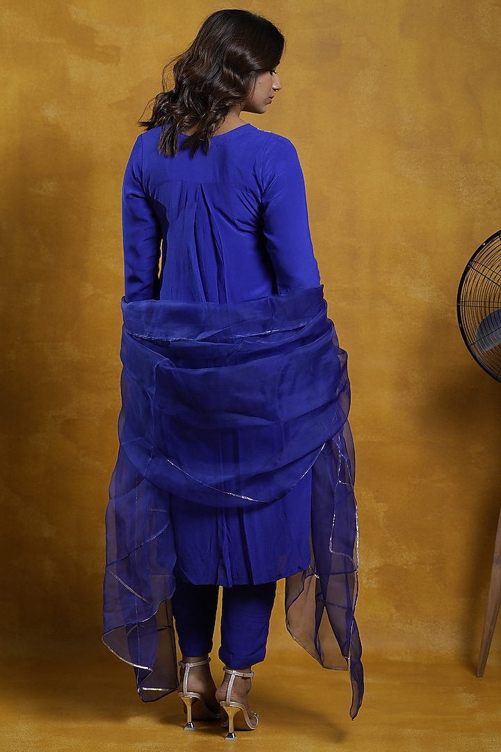 Cobalt Blue Crepe Mirror Work A-Line Kurta Set by SWETA DESAI at Pernia's Pop Up Shop
