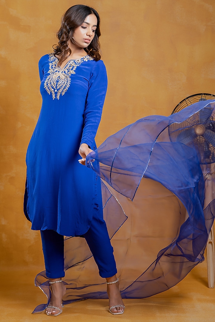 Cobalt Blue Crepe Mirror Work A-Line Kurta Set by SWETA DESAI at Pernia's Pop Up Shop