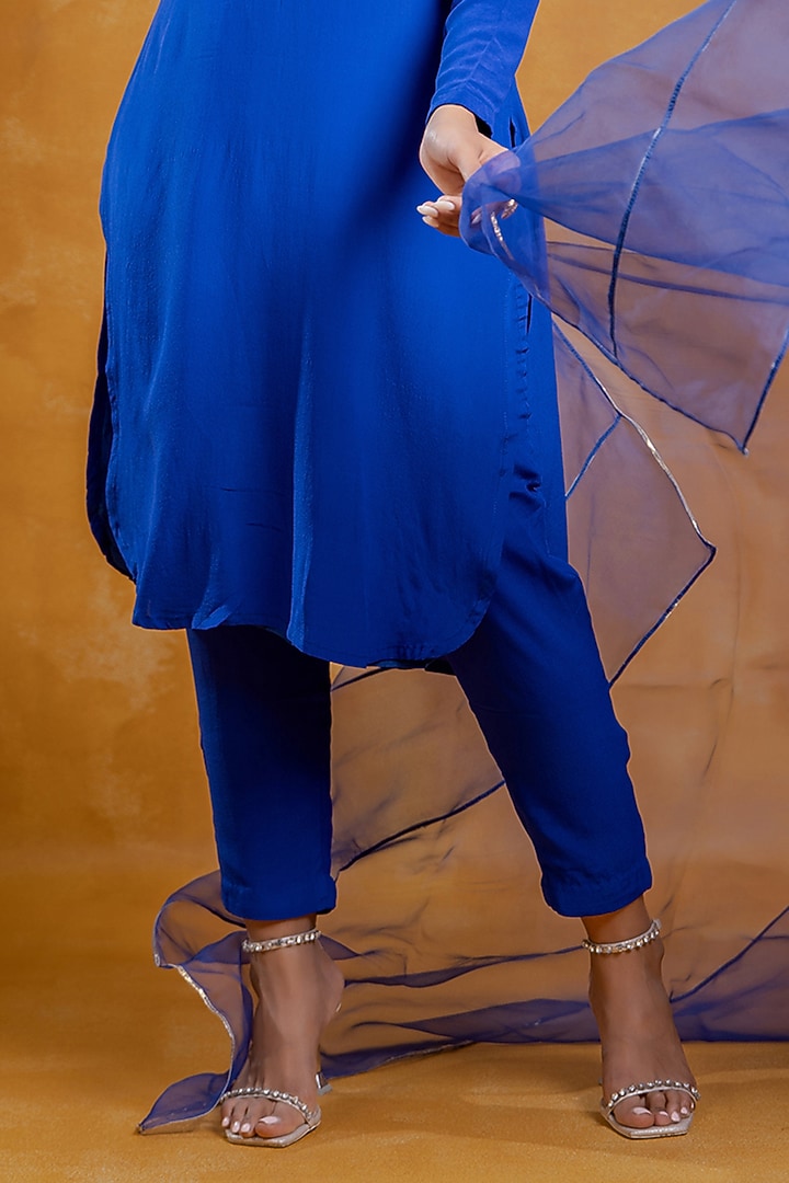 Cobalt Blue Crepe Mirror Work A-Line Kurta Set by SWETA DESAI at Pernia's Pop Up Shop