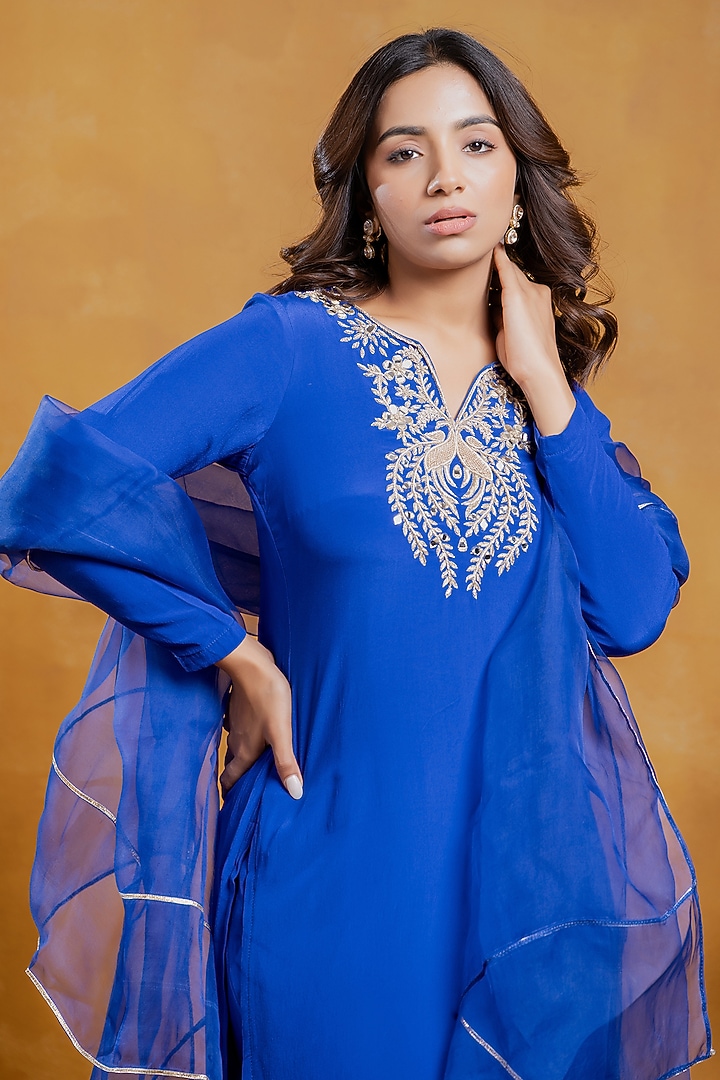 Cobalt Blue Crepe Mirror Work A-Line Kurta Set by SWETA DESAI at Pernia's Pop Up Shop