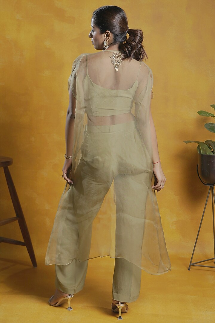 Olive Green Silk Organza Hand Embroidered Cape Set by SWETA DESAI at Pernia's Pop Up Shop