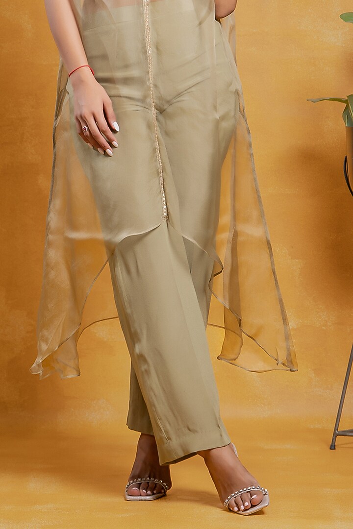 Olive Green Silk Organza Hand Embroidered Cape Set by SWETA DESAI at Pernia's Pop Up Shop