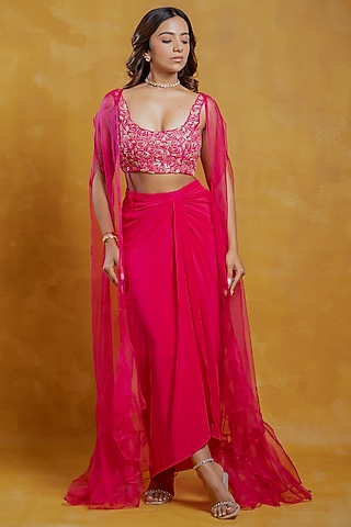 Bright Pink Silk Organza Hand Embroidered Cape Set by SWETA DESAI